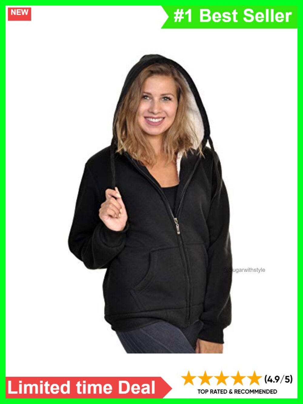 Sherpa Lined Hoodie Jacket Drawstring Hood Rib Knit Cuffs Waistband Full Zip